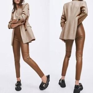 NWT Zara High Rise Faux Leather Leggings Pants Brown Moto